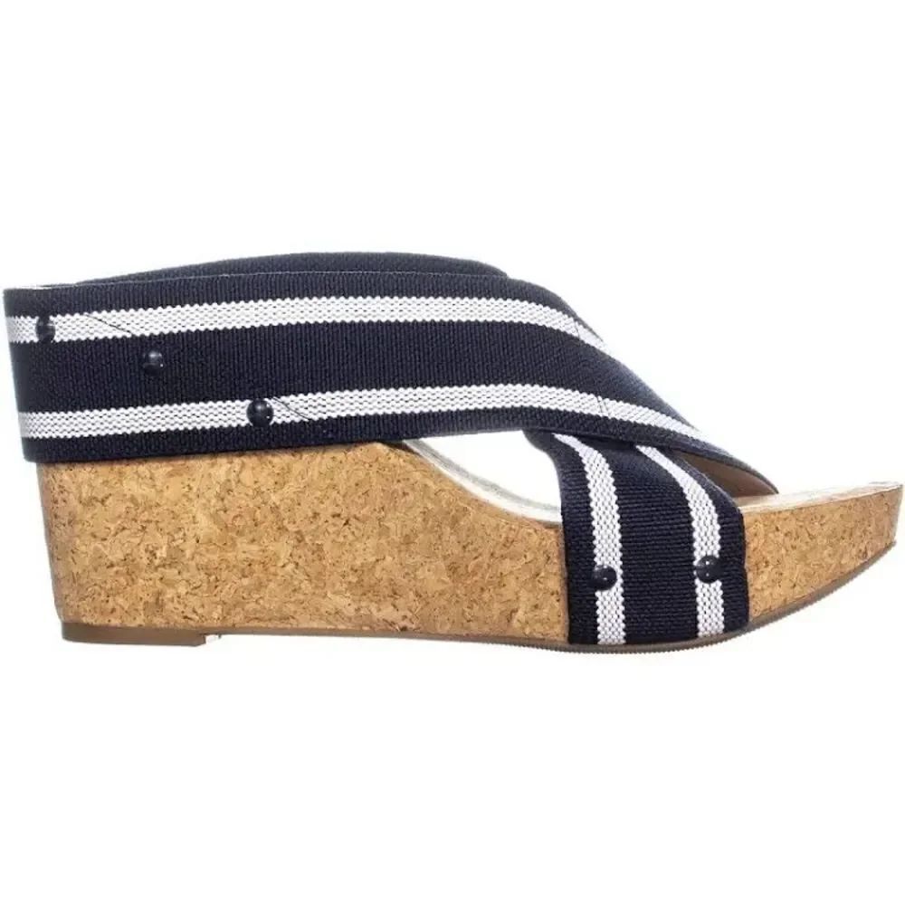 Lucky Brand Miller 2 wedge cork heel sandals navy blue strip strappy slip on 9M